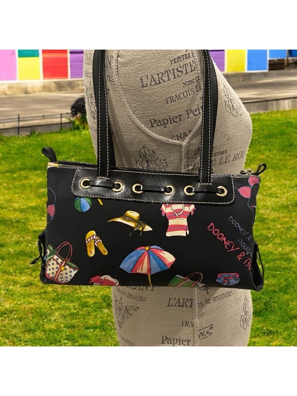 Vintage Y2K Dooney & Bourke Miami Beach Black & Multi Uncoated Bag & Wallet - Picture 5 of 16